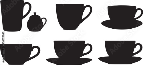 Black Solid Coffee Cup with Small Sugar Pot Silhouettes Set of Six on White Background