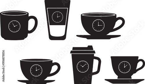 Black Solid Coffee Cup with Small Clock Silhouettes Set of Six on White Background