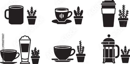 Black Solid Coffee Cup with Small Potted Herb Silhouettes Set of Six on White Background