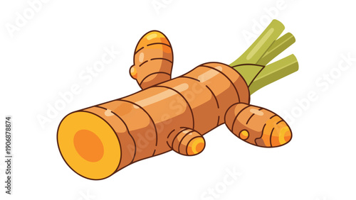 Vibrant cartoon illustration of a fresh turmeric root, showcasing its distinctive earthy skin and bright orange interior with green shoots emerging