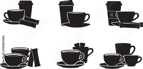 Black Solid Coffee Cup with Sugar Packets Silhouettes Set of Six on White Background