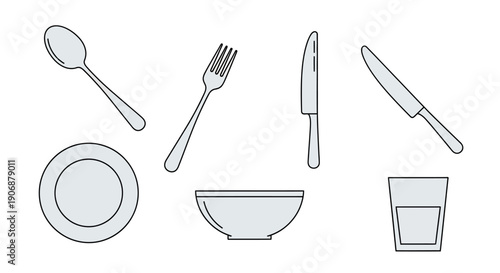 Simple line drawings of tableware and cutlery on white background.