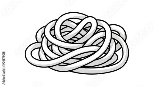 A stylized minimalistic depiction of intertwined strands forming an abstract tangled white mass