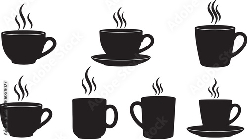 Black Solid Coffee Cup Silhouettes Set of Six on White Background