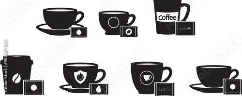 Black Solid Coffee Cup with Sugar Sachets Silhouettes Set of Six on White Background