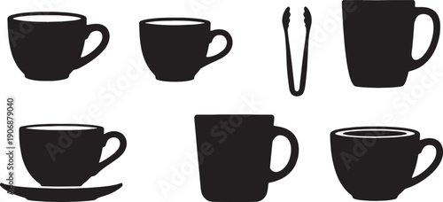 Black Solid Coffee Cup with Sugar Tongs Silhouettes Set of Six on White Background