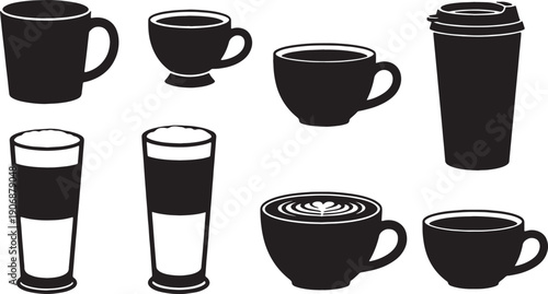 Black Solid Coffee Cup Viewed From Above Silhouettes Set of Six on White Background
