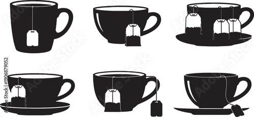 Black Solid Coffee Cup with Tea Bags Silhouettes Set of Six on White Background