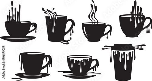 Black Solid Coffee Cup with Artistic Drips Silhouettes Set of Six on White Background