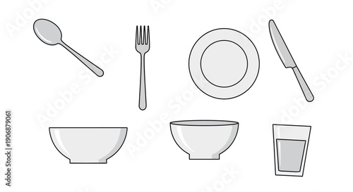 Simple line drawing of various tableware items including plates, bowls, cutlery, and a glass.