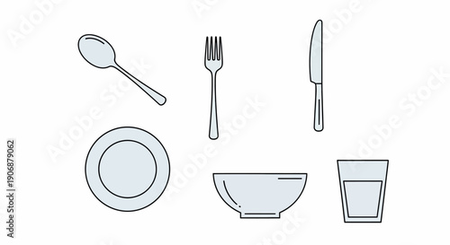 Simple line illustration of tableware and cutlery set.