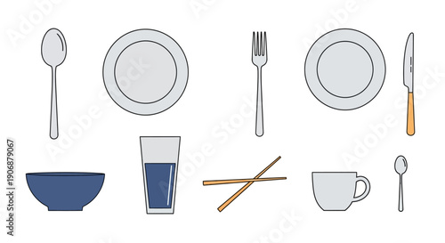 Tableware and cutlery set illustration on white background.