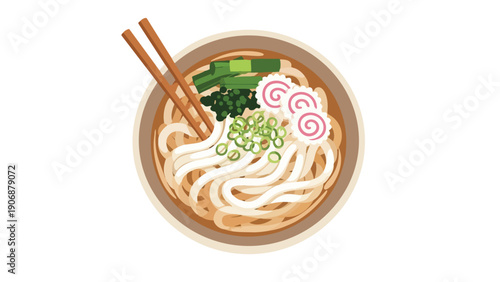 A captivating vector graphic portraying a delectable bowl of authentic Japanese noodles, adorned with traditional toppings and ready for an