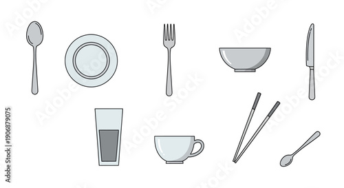 Collection of various tableware and cutlery items illustration.
