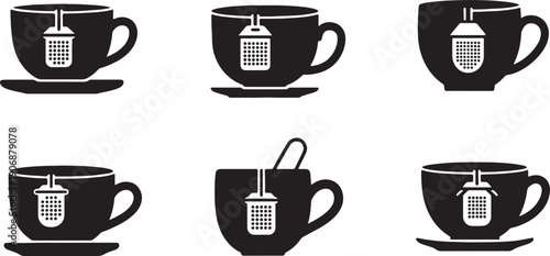 Black Solid Coffee Cup with Tea Infusers Silhouettes Set of Six on White Background