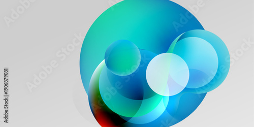 Abstract composition featuring overlapping circles. Colors blend from turquoise to blue, with hints of red. Minimalist design on dark background.
