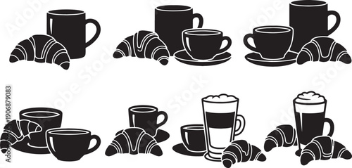 Black Solid Coffee Cup with Books Silhouettes Set of Six on White Background