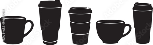 Black Solid Coffee Cup Takeout and Travel Silhouettes Set of Six on White Background