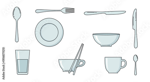 Collection of tableware and cutlery items illustration.