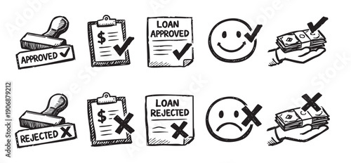 Hand drawn illustration depicting the loan application process with approved and rejected states. Includes stamp, document, money, and happy and sad faces, in a clean, vector format.