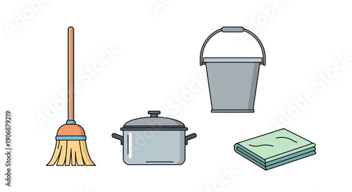 Cleaning supplies and kitchenware illustration set.