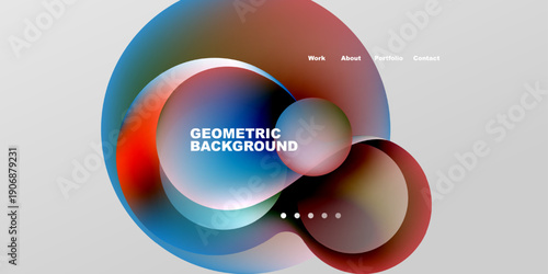 Abstract design features overlapping colorful circles. Text reads Geometric Background with navigation options above. Dark background contrasts bright shapes.