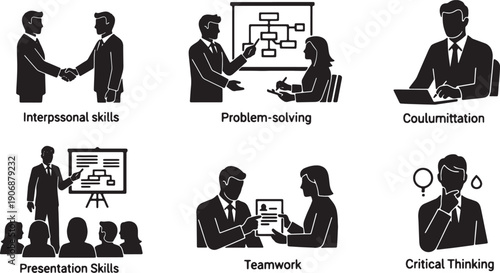 Black Solid Competency Based Interview Silhouettes Set of Six on White Background