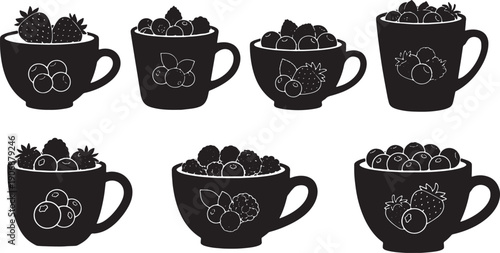 Black Solid Coffee Cup with Fresh Berries Silhouettes Set of Six on White Background