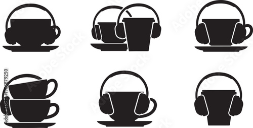 Black Solid Coffee Cup with Headphones Silhouettes Set of Six on White Background
