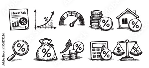 Hand-drawn vector illustration of interest rates, finance, and money symbols, including charts, coins, calculator, money bag and house. Black and white line art.