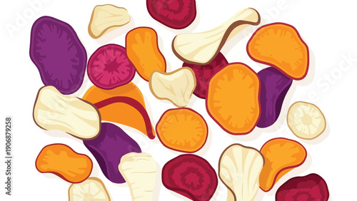 A vibrant array of crunchy root vegetable chips showcasing a diverse palette of natural colors perfect for healthy snacking or a delightful