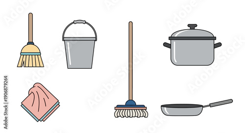 Cleaning and Cooking Utensils Set Illustration.