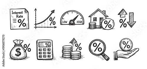 Hand-drawn illustrations depict financial concepts like interest rates, growth, and mortgage rates. Use for articles, websites, and educational materials on finance and investment.