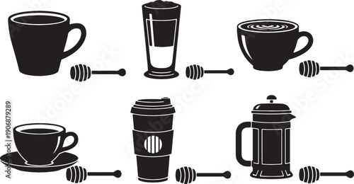 Black Solid Coffee Cup with Honey Dippers Silhouettes Set of Six on White Background