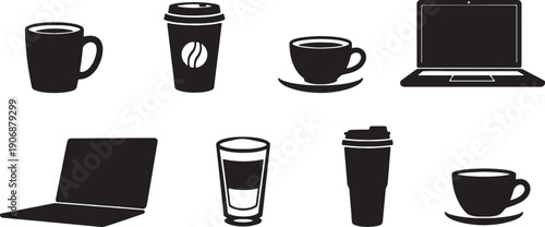 Black Solid Coffee Cup with Laptops Silhouettes Set of Six on White Background