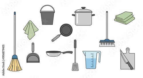 Collection of cleaning supplies and household items illustration.