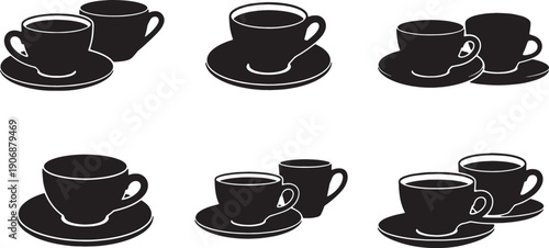 Black Solid Coffee Cup with Saucers Silhouettes Set of Six on White Background