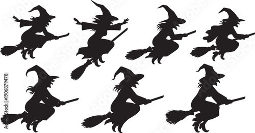 Black Solid Pointed Hat Witch Silhouettes Set of Six on White Background