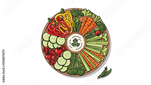 Vibrant fresh vegetable platter illustration with a delicious creamy dip, ideal healthy snack