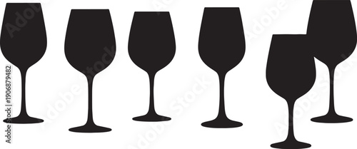 Black Solid Contemplative Setting Wine Glasses Silhouettes Set of Six on White Background