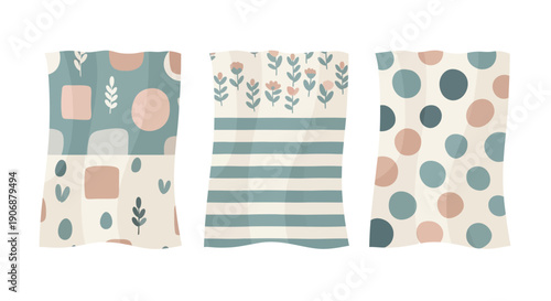 Collection of abstract fabric patterns with geometric shapes and leaves.