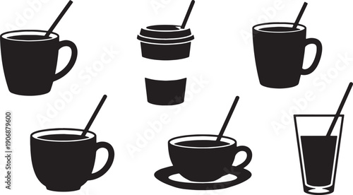 Black Solid Coffee Cup with Stirring Sticks Silhouettes Set of Six on White Background
