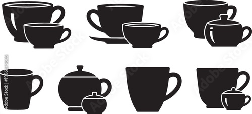 Black Solid Coffee Cup with Sugar Bowls Silhouettes Set of Six on White Background