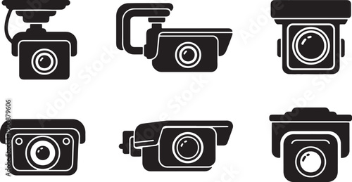 Black Solid Police Vehicle Camera Silhouettes Set of Six on White Background