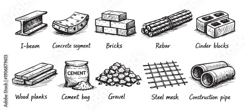 A collection of hand drawn construction materials, including cement, bricks, rebar, wood, pipe and steel. Great for prints, backgrounds, or construction based themes.