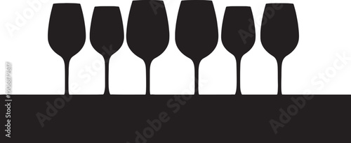 Black Solid Polished Surface Wine Glasses Silhouettes Set of Six on White Background