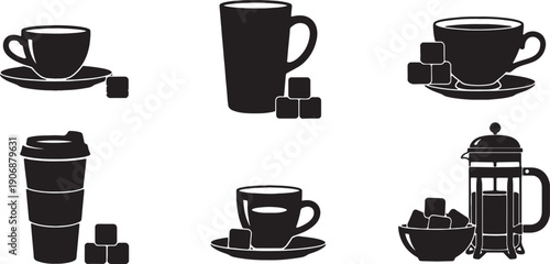 Black Solid Coffee Cup with Sugar Cubes Silhouettes Set of Six on White Background