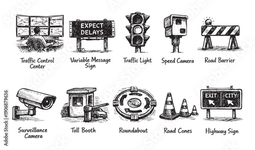 Hand-drawn sketch illustration of transportation infrastructure icons, including traffic lights, signs, and control center. Ideal for transport, planning, city development, safety, and traffic concept