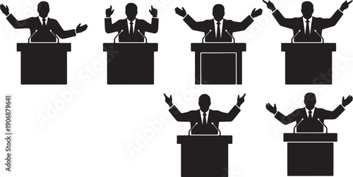 Black Solid Politician Debate Silhouettes Set of Six on White Background