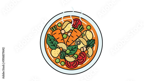 Vibrant wholesome steaming vegetable soup illustration featuring fresh carrots potatoes peas tomatoes pasta and leafy greens in a cozy bowl design.